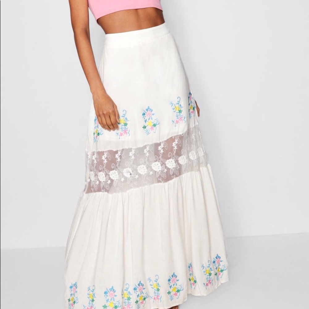 Boohoo embroidered lace insert maxi skirt in white